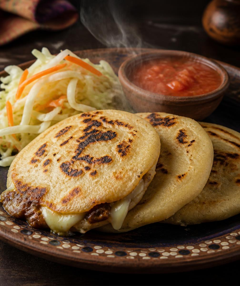 Pupusas salvadoriennes servies avec curtido et salsa tomate