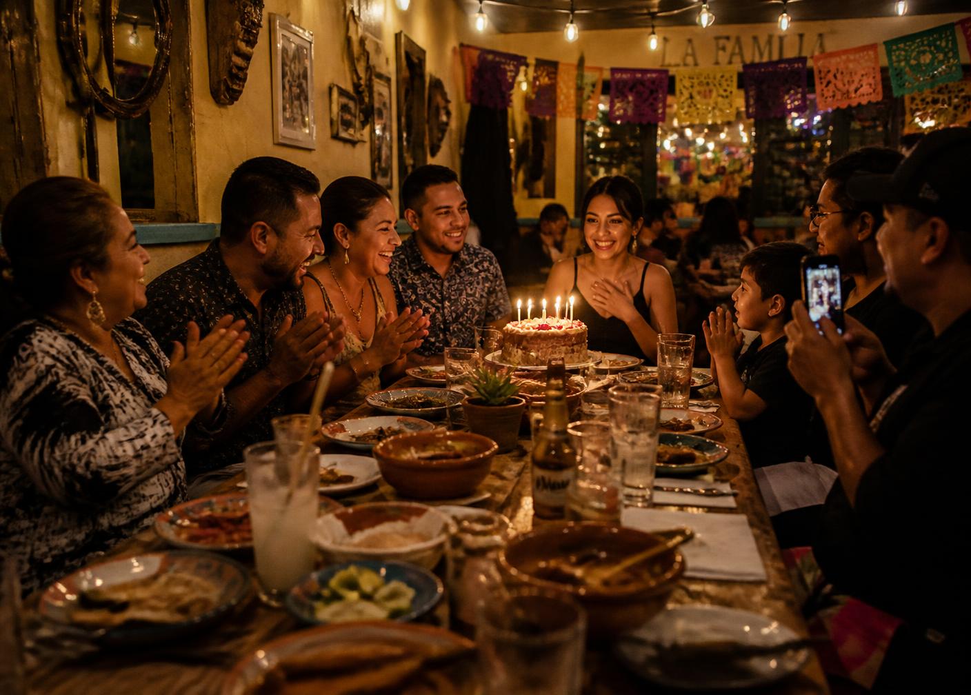 Famille et amis célébrant un anniversaire autour d'une grande table au restaurant